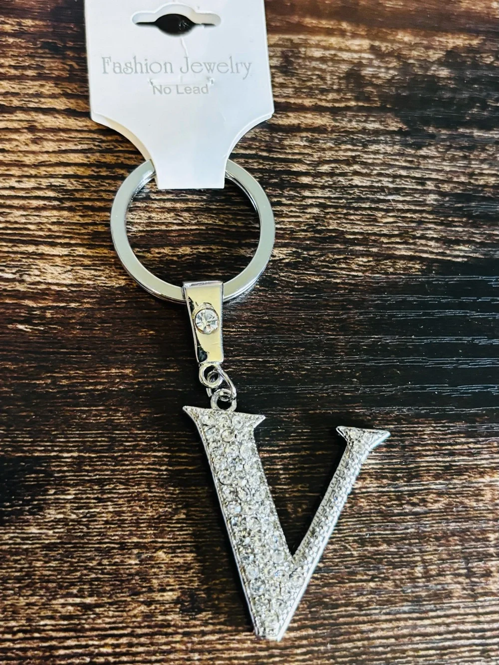 Silver Tone Crystal Rhinestone 'V' Initial Keychain
